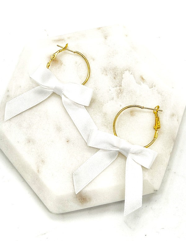 White Ribbon Bow Hoop Earrings Holiday