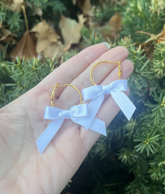 White Ribbon Bow Hoop Earrings Holiday