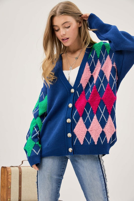 Plush Argyle Button Knit Cardigan