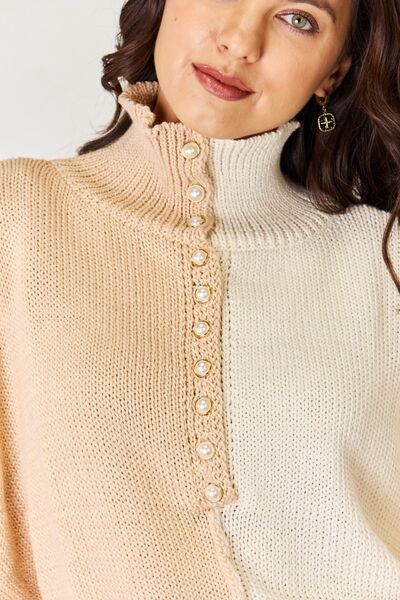 Pearl Detail Contrast Turtleneck Sweater