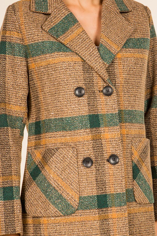 PLAID TEXTURED DOUBLE BREASTED COAT