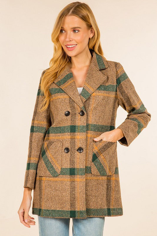 PLAID TEXTURED DOUBLE BREASTED COAT