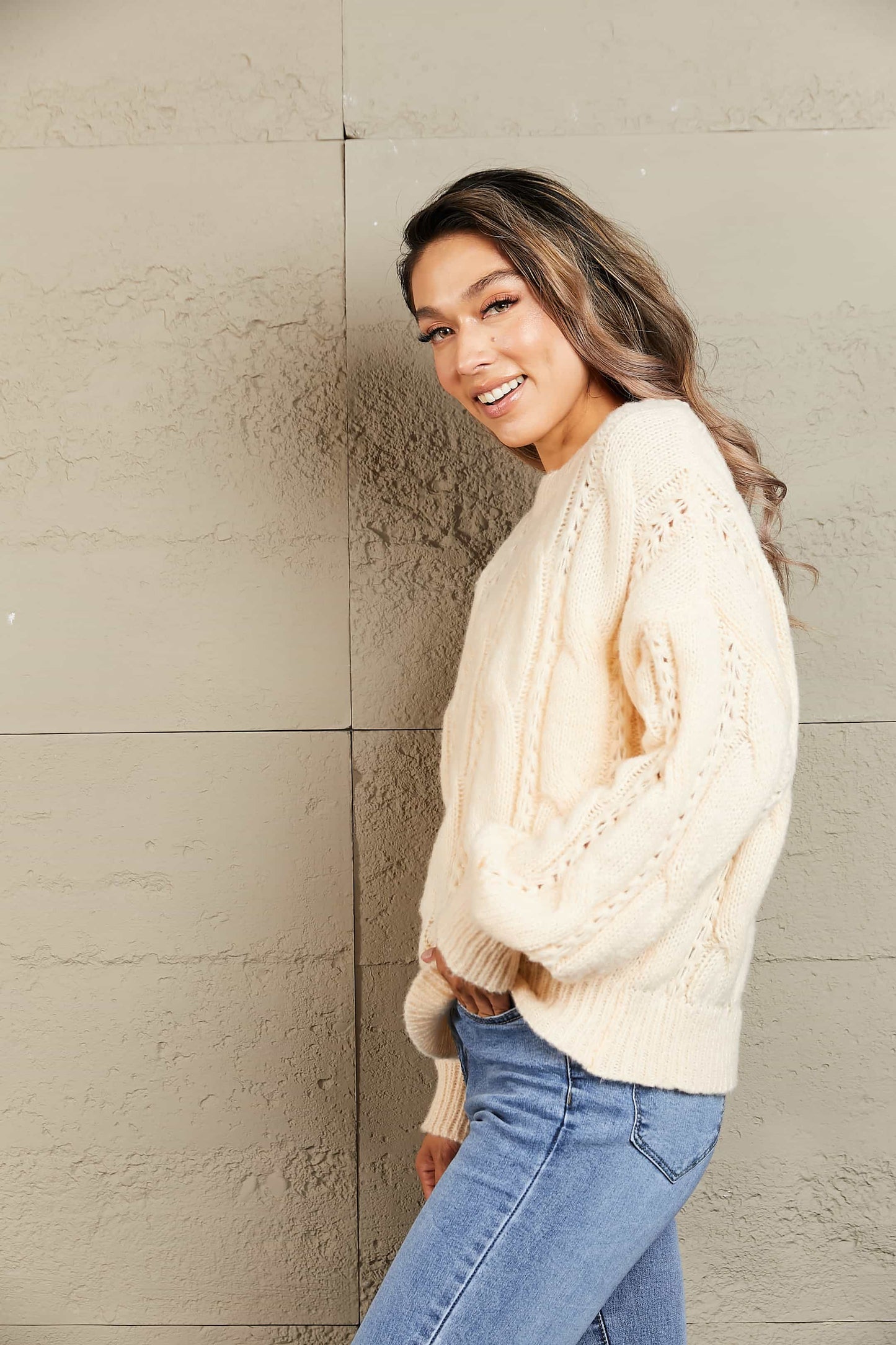 Rory Cable-Knit Openwork Round Neck Sweater